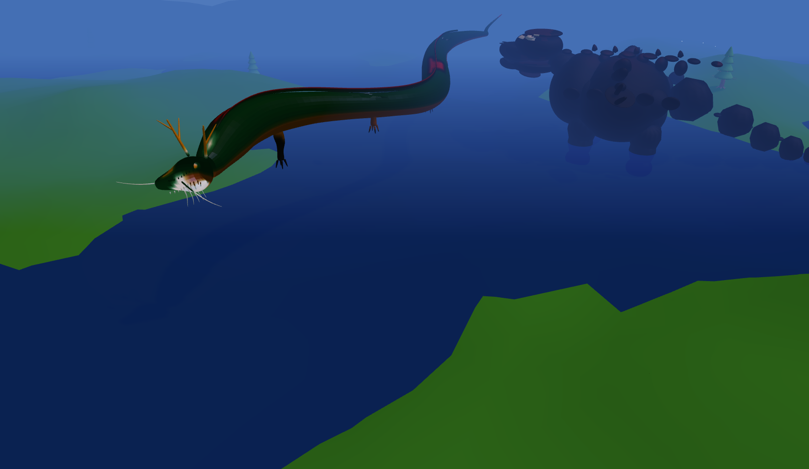 Eastern serpentine dragon flying over water