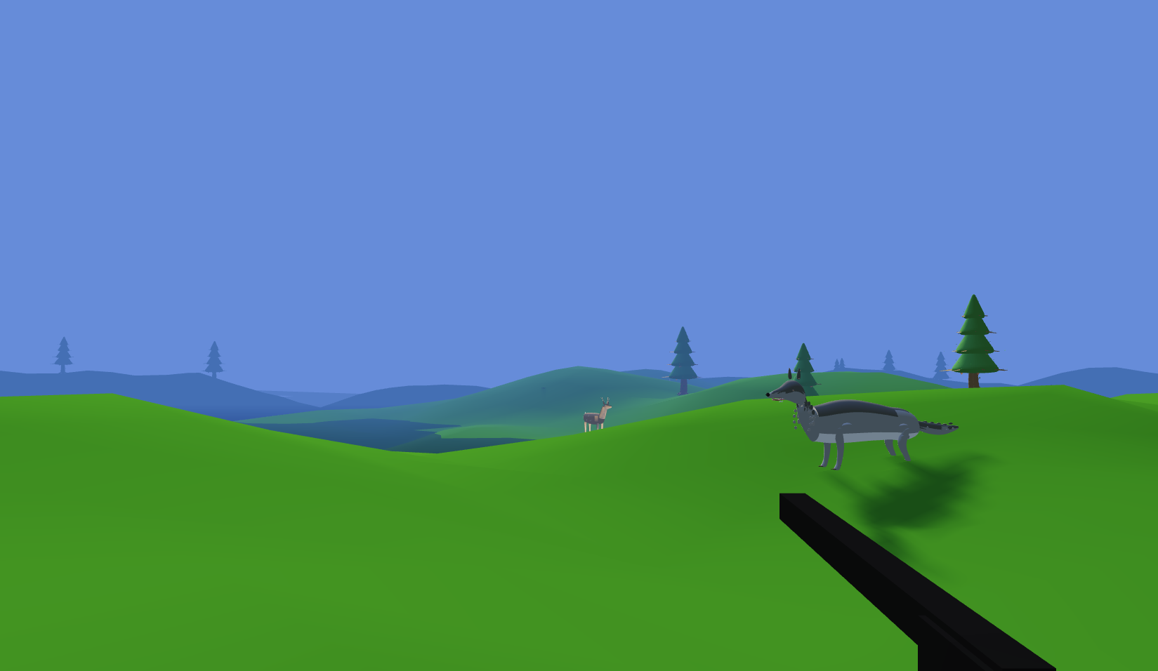 Wolf and deer in landscape