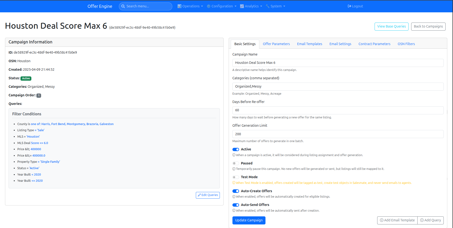 Campaign Configuration - ML-powered filtering with neural network scoring