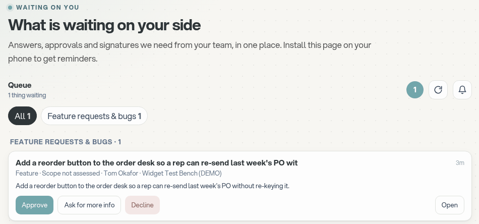 The client portal's Waiting on you page: one feature request waiting for the client's decision, with Approve, Ask for more info and Decline buttons and a reminder bell.
