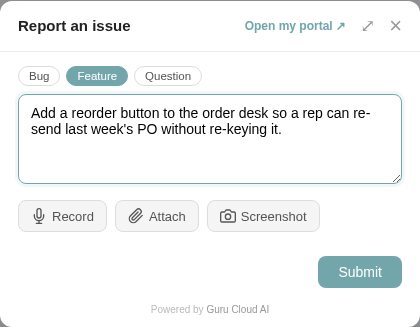 The Guru Cloud & AI widget open inside a client's own app: Bug, Feature and Question pills, a typed feature request, and Record, Attach and Screenshot buttons above Submit.